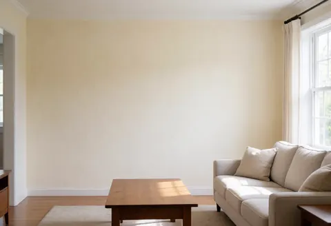 Intérieur d'un salon lumineux avec un canapé beige, une table basse en bois et un mur recouvert d'enduit décoratif couleur crème. Ambiance chaleureuse et design contemporain.