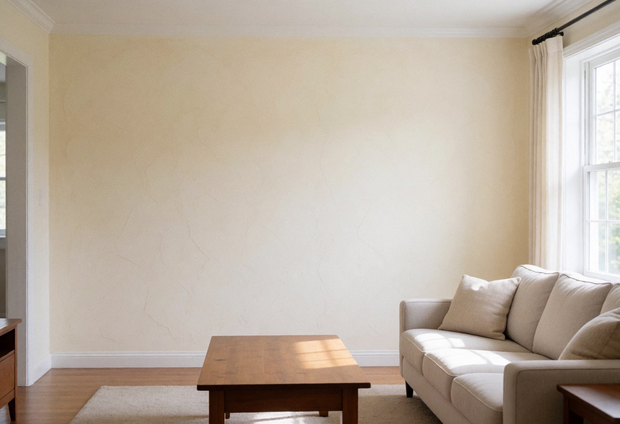 Intérieur d'un salon lumineux avec un canapé beige, une table basse en bois et un mur recouvert d'enduit décoratif couleur crème. Ambiance chaleureuse et design contemporain.