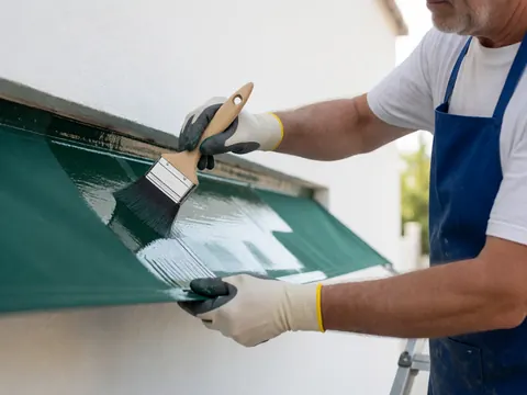 Un ouvrier en gants et tablier bleu applique une couche brillante avec un pinceau sur un store vert à l'extérieur.