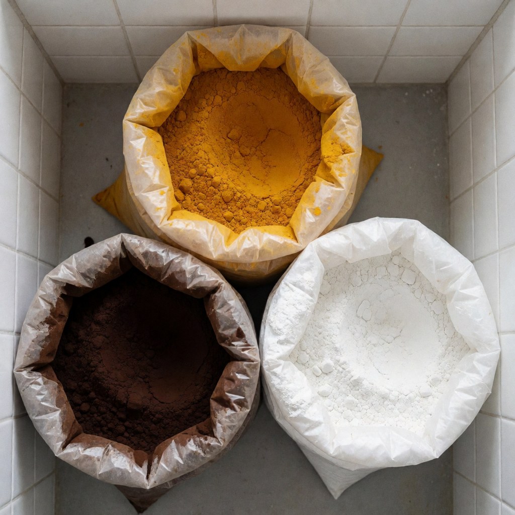 Vue de dessus de trois sacs ouverts contenant des pigments jaune, marron et blanc posés sur un sol en carreaux blancs pour la décoration.
