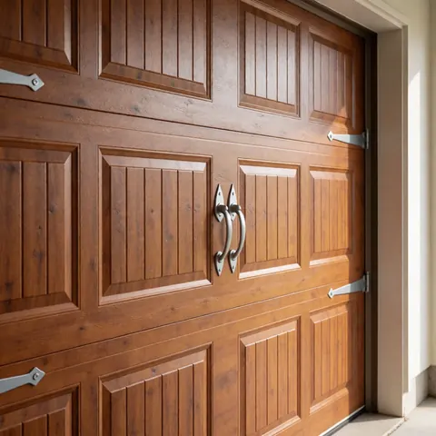 Porte de garage en bois à panneaux avec accessoires métalliques, éclairage doux mettant en valeur la texture et le fini.