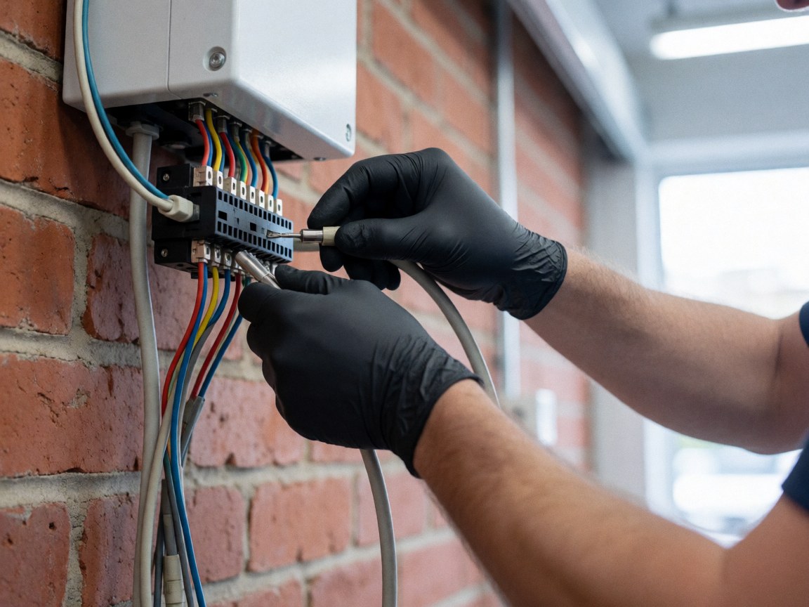 Technicien portant des gants noirs branchant des câbles multicolores sur un terminal fixé à un mur en briques rouges sous un éclairage professionnel.