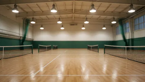 Court de tennis intérieur vide avec sol en bois poli, filets et lumières suspendues, idéal pour texte