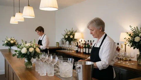 Barre à cocktails ornée de fleurs et de verrerie, éclairée par des suspensions, avec du personnel travaillant en arrière-plan.