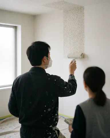 Un peintre en masque et uniforme sombre applique une texture au rouleau sur un mur blanc, tandis qu'une personne observe. Une bâche tachée de peinture est au sol, éclairée par la lumière naturelle d'une fenêtre.