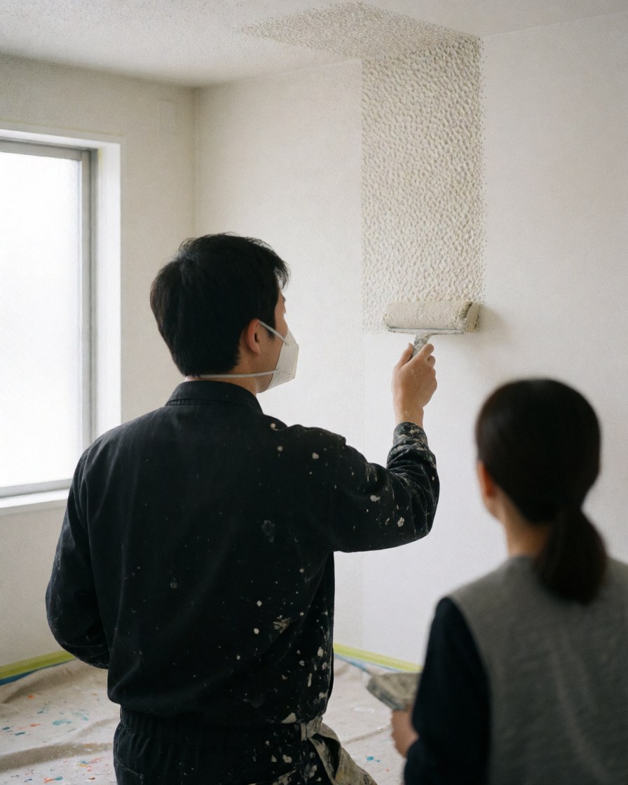 Un peintre en masque et uniforme sombre applique une texture au rouleau sur un mur blanc, tandis qu'une personne observe. Une bâche tachée de peinture est au sol, éclairée par la lumière naturelle d'une fenêtre.