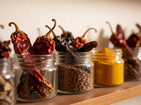 Des bocaux en verre contenant des piments secs, des graines d'anis et de la poudre de curcuma posés sur une étagère en bois avec un éclairage chaud et flou.