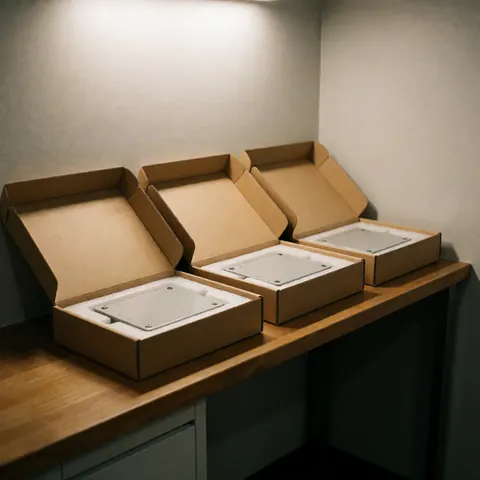 Trois boîtes en carton ouvertes avec des cartes de contrôle et un isolant en mousse, posées sur une table en bois dans un environnement technique aux murs gris clair et à la lumière chaude.