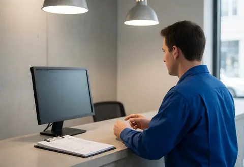 Technicien en réparation de ventilateurs expliquant les coûts à un client, avec un ordinateur et une facture sur le comptoir d'un bureau moderne.