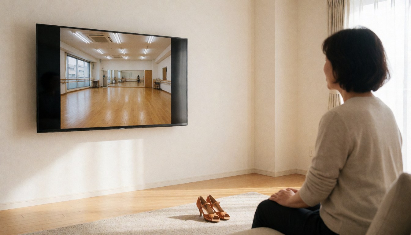 Une femme assise observe une classe de tango sur un grand écran. Des chaussures de danse sont posées au sol dans un salon lumineux et calme.