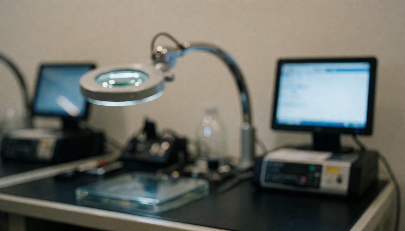 Scène technique de diagnostic avec loupe grossissante, moniteurs et outils sur une table sombre, fond flou pour textes.