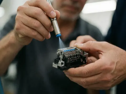 Détails métalliques d'une tête d'imprimante avec des gouttes de fluide bleu, montrant le processus de maintenance et de réparation.