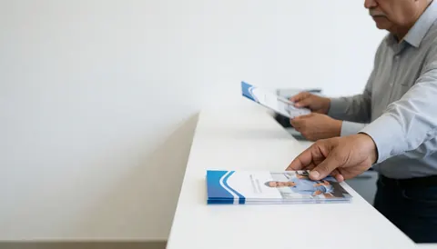 Un technicien place un prospectus sur un comptoir blanc, laissant un espace vide à gauche pour ajouter du texte dans un environnement professionnel.