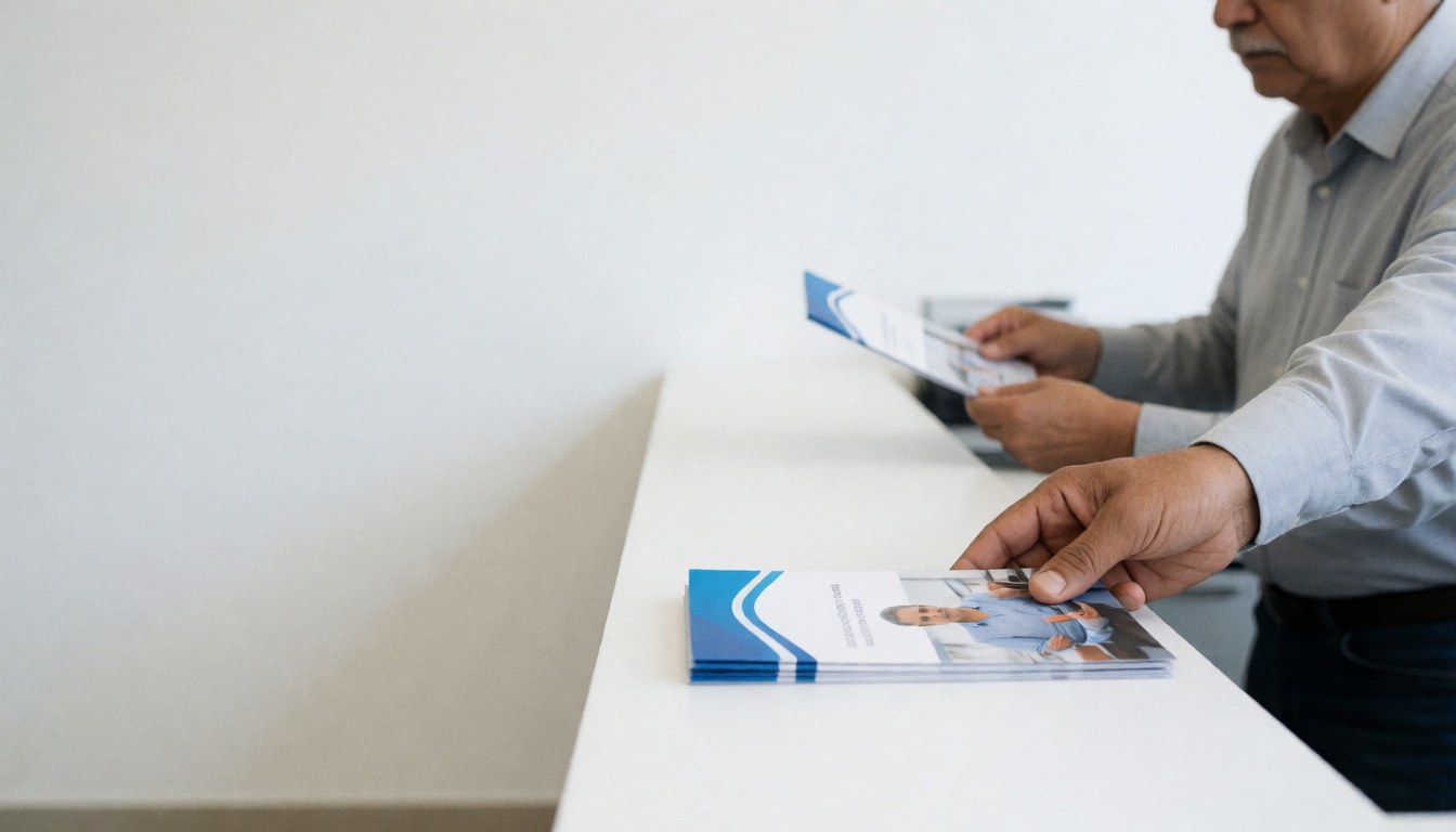 Un technicien place un prospectus sur un comptoir blanc, laissant un espace vide à gauche pour ajouter du texte dans un environnement professionnel.