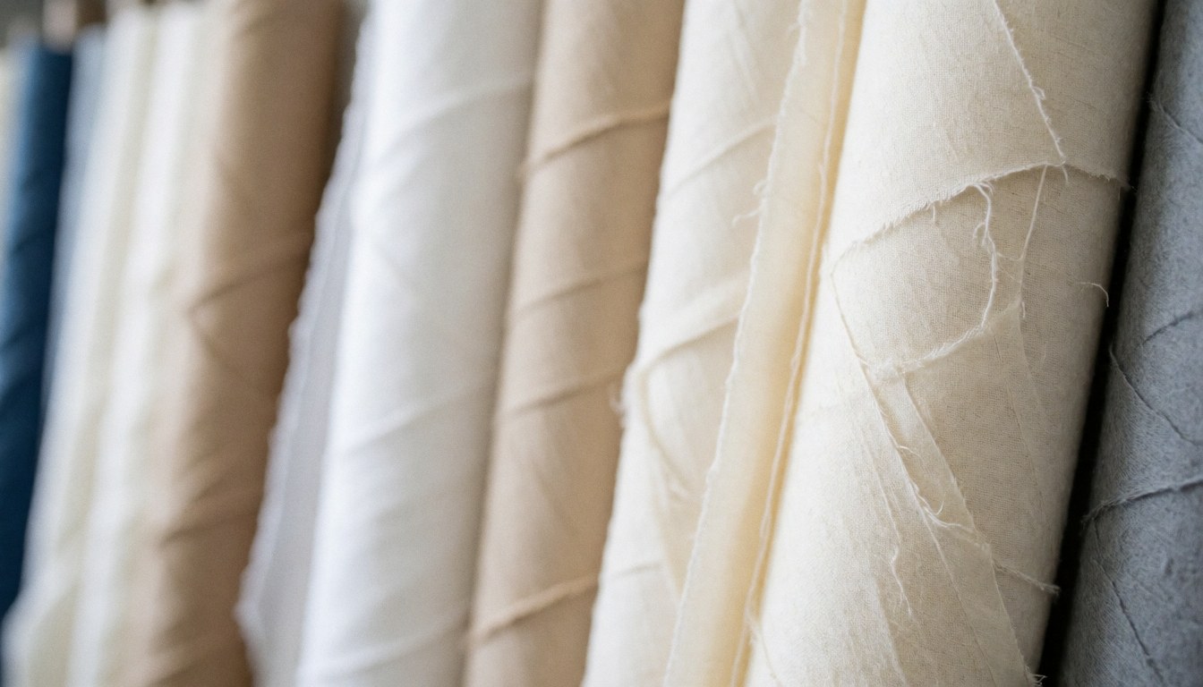 Fond composé de rouleaux de tissu en entreposage, offrant des couleurs neutres et une texture douce, idéal pour des textes sur la qualité des matériaux.