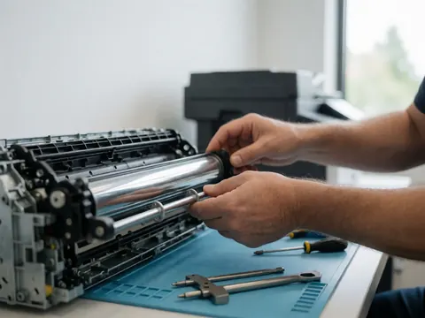 Un technicien remplace le rouleau fuser d'une imprimante avec des outils posés sur un tapis antistatique, éclairage naturel et fond de bureau flou.