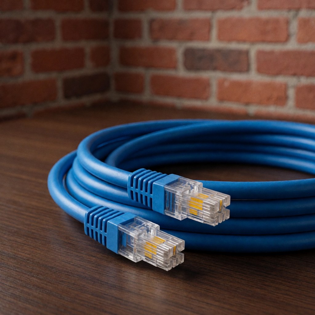 Câble réseau Cat6 bleu avec connecteurs RJ45 transparents posé sur une table en bois sombre devant un mur de briques rouges.