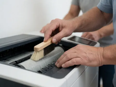 Une main adulte utilise une brosse douce pour nettoyer le rouleau d'une imprimante sur fond blanc flou, éclairage vif et outil de maintenance visible.