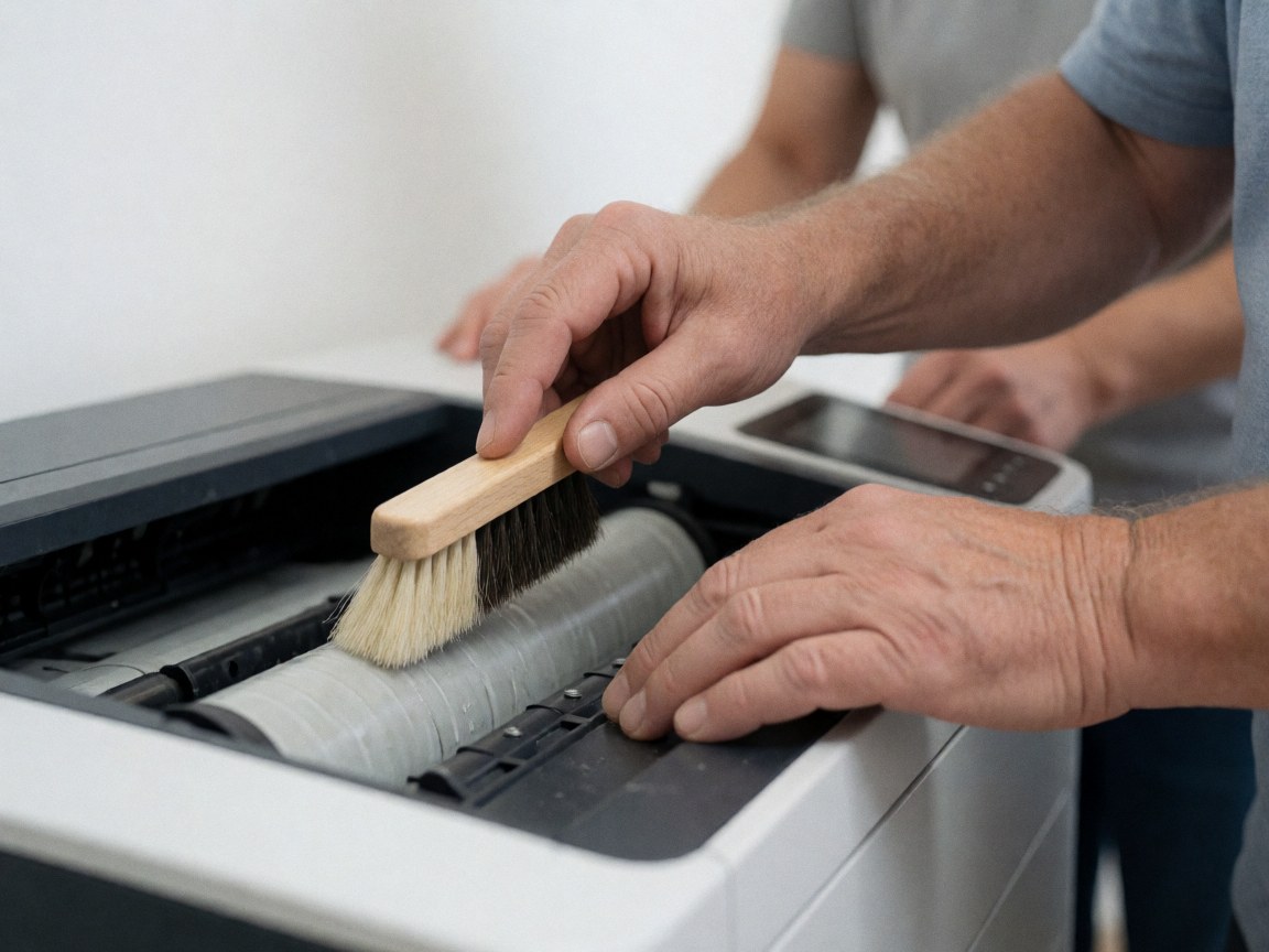 Une main adulte utilise une brosse douce pour nettoyer le rouleau d'une imprimante sur fond blanc flou, éclairage vif et outil de maintenance visible.