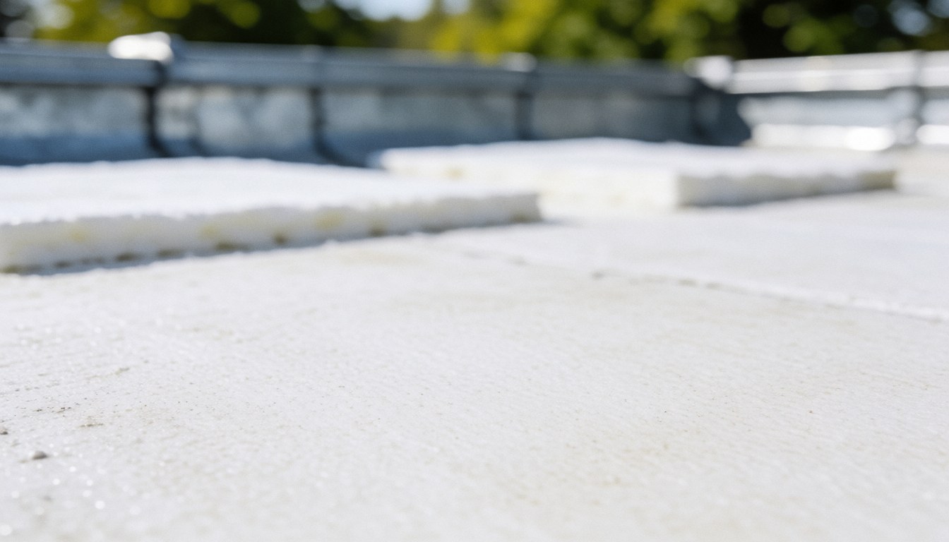 Fond professionnel d'isolation thermique blanche sur toiture avec bords métalliques flous, idéal pour textes sur l'efficacité énergétique et les services de construction.