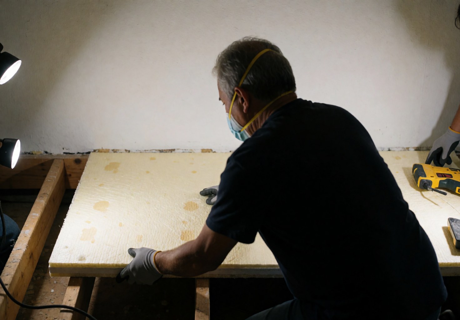 Un professionnel pose un panneau d'isolation thermique sur un plafond de maison, avec des outils, du bois et des lumières visibles.