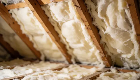 Plafond avec isolation thermique blanche insérée entre des poutres en bois, éclairage naturel et chaleureux, servant de fond pour textes ou projets de construction.