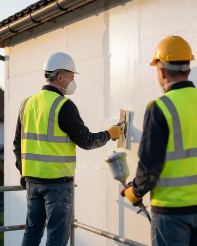 Deux techniciens en casques et gilets de sécurité appliquent un isolant blanc sur des panneaux extérieurs avec des outils, sous la lumière du coucher de soleil.