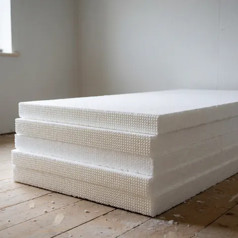 Panneaux d'isolation thermique blancs empilés sur un sol en bois poussiéreux dans une pièce en construction avec des murs gris et une lumière naturelle.