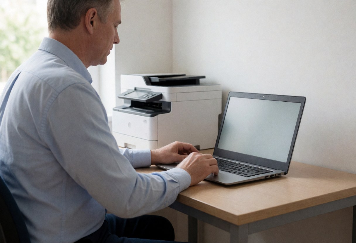 Un technicien adulte travaille sur un ordinateur portable avec une imprimante multifonction en arrière-plan dans un bureau lumineux au calme.