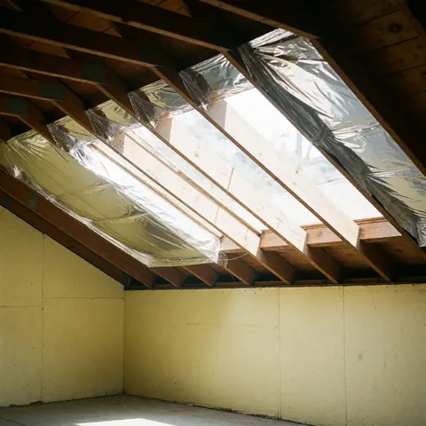 Installation d'une barrière réfléchissante sur une charpente en bois dans un comble, entourée de murs jaunes et éclairée par la lumière du soleil.