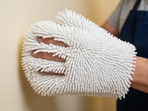 Gros plan d'une main adulte tenant un gant de nettoyage en microfibre blanche sur fond beige uni, évoquant la propreté et le soin automobile.