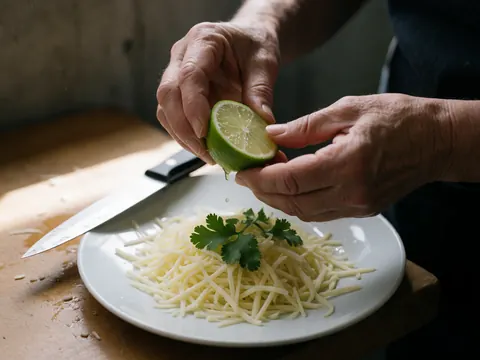 Des mains adultes pressent du jus de citron frais sur du fromage râpé et de la coriandre dans une assiette blanche, avec un couteau de cuisine près, sur une surface en bois et un mur en béton.