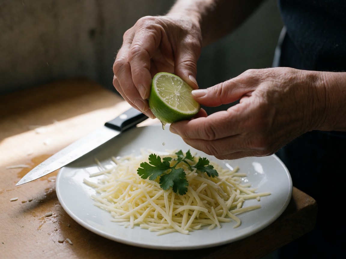 Des mains adultes pressent du jus de citron frais sur du fromage râpé et de la coriandre dans une assiette blanche, avec un couteau de cuisine près, sur une surface en bois et un mur en béton.
