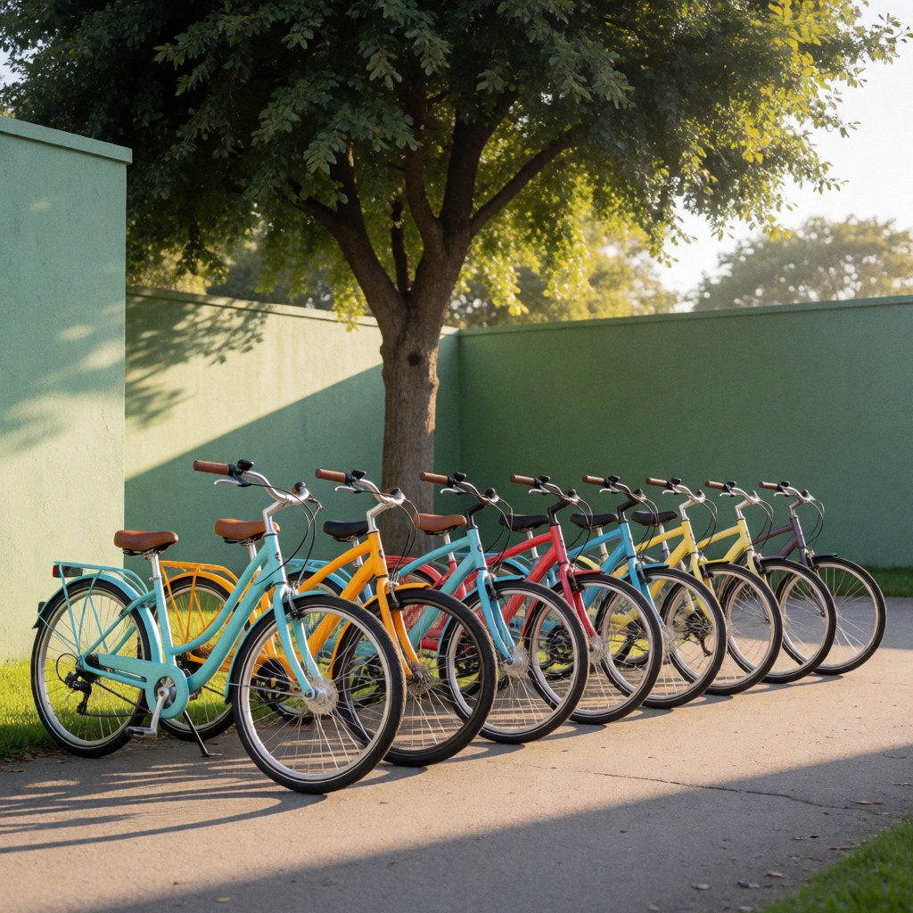 Des vélos aux couleurs vives sont rangés en ligne à l'ombre d'un grand arbre, devant un mur vert, baignés par la lumière de l'après-midi.