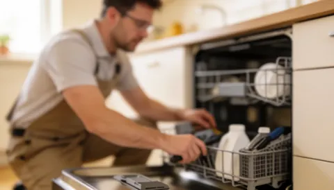 Un technicien en tablier effectue la réparation d'un lave-vaisselle dans une cuisine, sur un fond doux et flou avec une lumière chaleureuse pour un rendu professionnel.