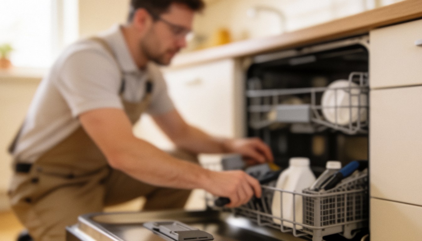 Un technicien en tablier effectue la réparation d'un lave-vaisselle dans une cuisine, sur un fond doux et flou avec une lumière chaleureuse pour un rendu professionnel.