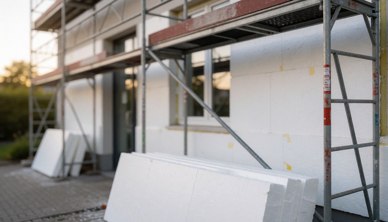 Façade d'un bâtiment en construction avec isolation thermique blanche, échafaudages métalliques et lumière douce du coucher de soleil, idéale pour fond de texte.