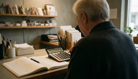 Un homme mature travaille à un bureau avec une calculatrice et un cahier ouvert, dans un bureau entouré d'étagères de fournitures, baigné de lumière naturelle chaleureuse.