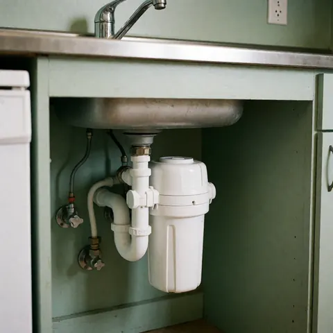 Un filtre à eau blanc est installé sous un évier de cuisine avec des tuyaux connectés, des murs verts et un robinet chromé visible.