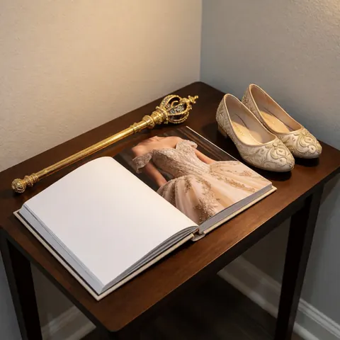 Album de mariage ouvert révélant une robe de quinzenaire, un sceptre doré et des chaussures ornées posées sur une table en bois sombre.