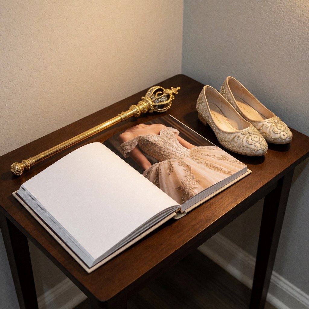 Album de mariage ouvert révélant une robe de quinzenaire, un sceptre doré et des chaussures ornées posées sur une table en bois sombre.