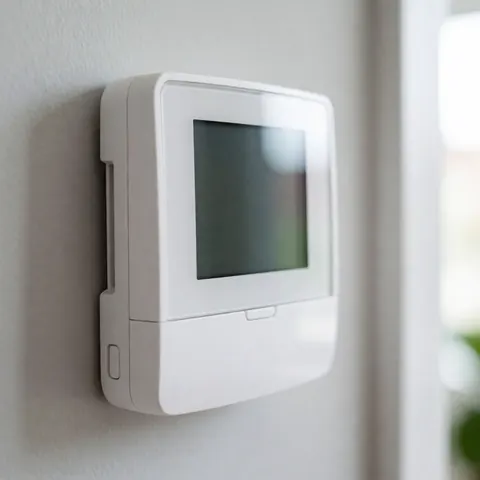 Thermostat blanc avec écran digital monté sur un mur gris. Design minimaliste pour contrôle de chauffage domestique.