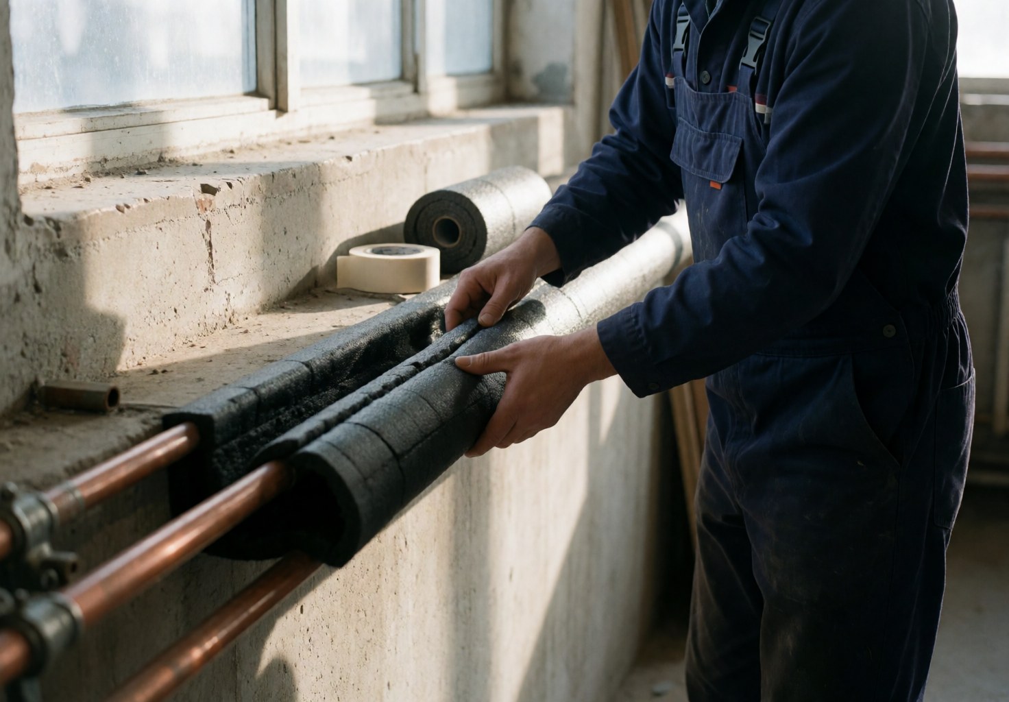 Un technicien en combinaison bleue pose de l'isolation noire sur des conduits en cuivre, avec du ruban adhésif et un rouleau près d'un mur en béton éclairé par la lumière naturelle.