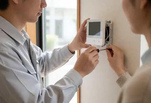 Mains d'un technicien utilisant un tournevis pour monter un thermostat blanc sur un mur beige, avec des outils visibles et une lumière naturelle.