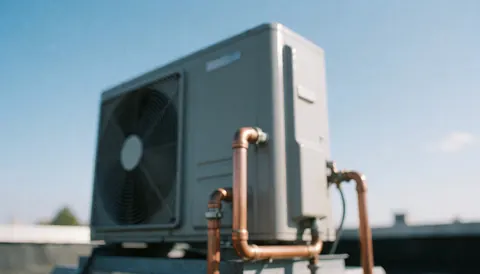Installation d'une pompe à chaleur sur un toit accompagnée de conduits en cuivre, avec un ciel bleu flou en arrière-plan pour des textes commerciaux.