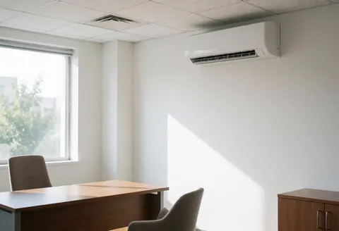 Unité de climatisation type split fixée sur un mur blanc dans un bureau vide avec bureau et chaises éclairé par la lumière naturelle.