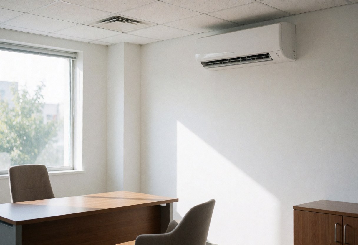 Unité de climatisation type split fixée sur un mur blanc dans un bureau vide avec bureau et chaises éclairé par la lumière naturelle.