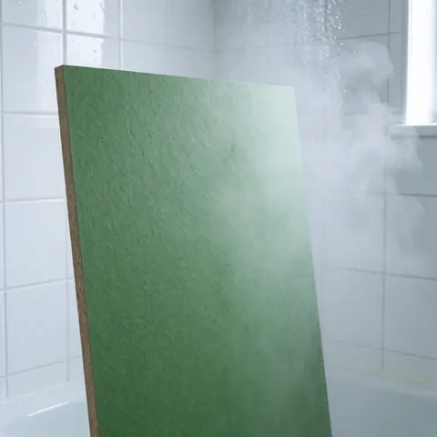 Une plaque de plâtre verte imperméable posée sur un mur carrelé blanc, avec de la vapeur visible, idéale pour les environnements humides.