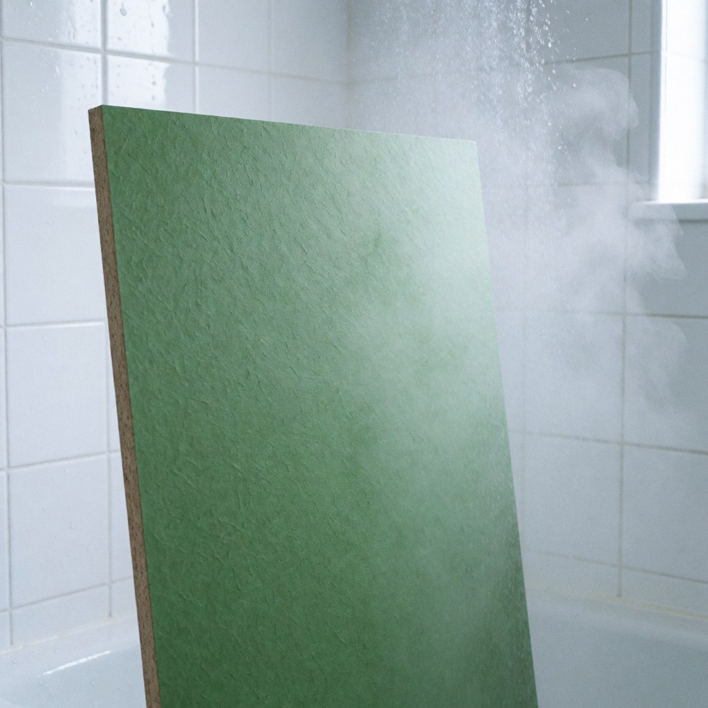 Une plaque de plâtre verte imperméable posée sur un mur carrelé blanc, avec de la vapeur visible, idéale pour les environnements humides.
