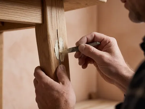 Gros plan d'une main appliquant un enduit dans une fissure du bois lors de la réparation d'un meuble dans un atelier.